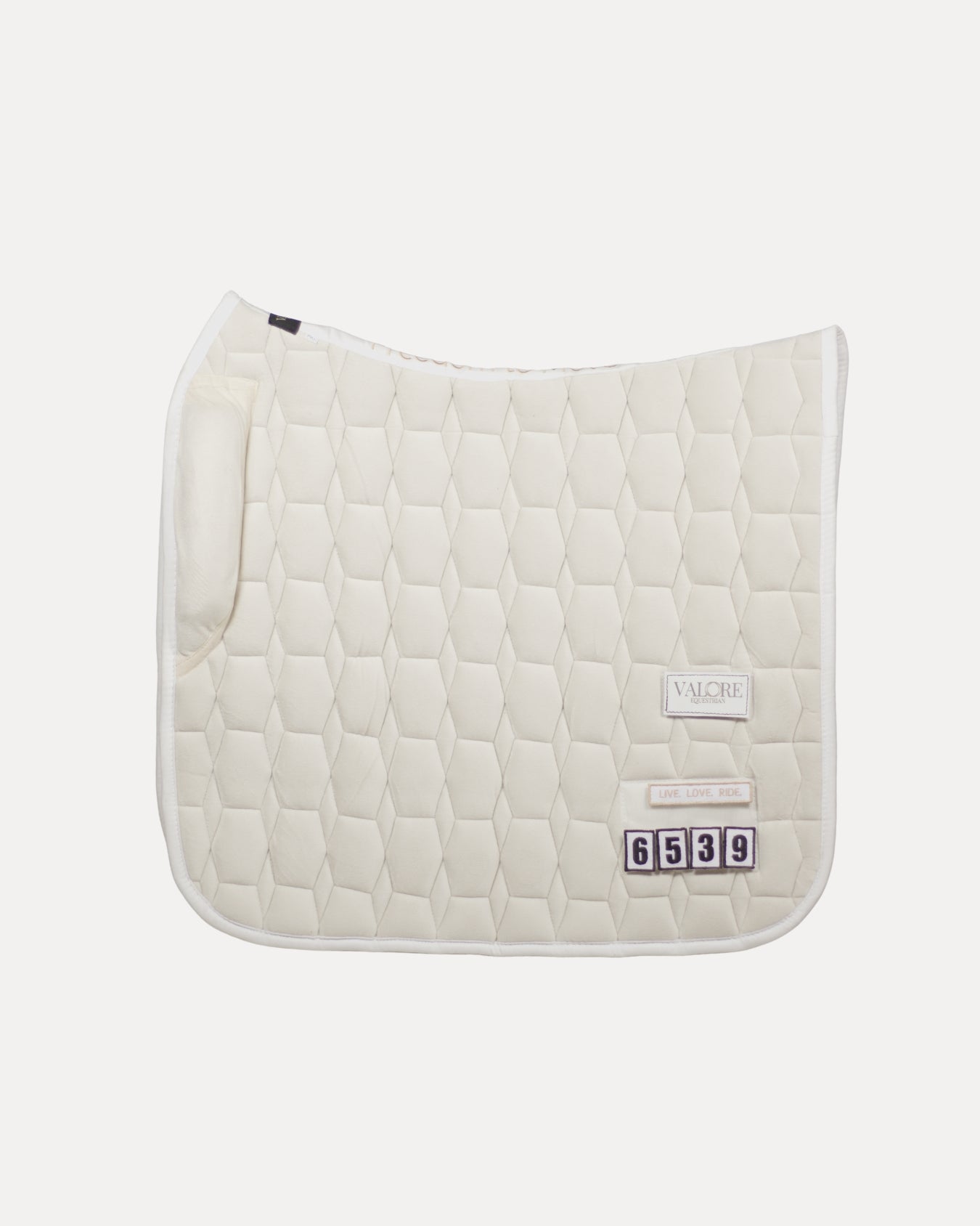 Ivory White Velvet Valore Dressage Wither Relief Saddle Pad – Anatomical Saddle Pad with Velcro Show Numbers